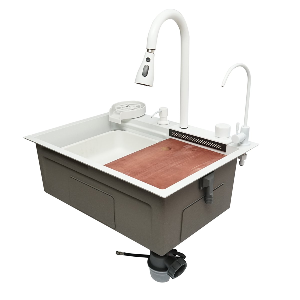 Chiuveta bucatarie otel inoxidabil cu doua baterii, functie cascada, spalator pahare, dozator sapun, scurgator, tava, tocator si accesorii scurgere incluse, dimensiune 60x45x22cm